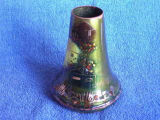 vintage Sascha Brastoff Enamel on Copper Pictorial Vase - Houses/Signed Sascha B 2