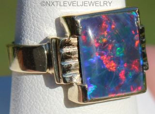 Antique Art Deco Bright Rainbow Rare Natural Black Opal 10k Solid Gold Mens Ring