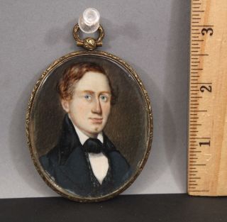 Antique 19thc Miniature Portrait Painting Boston Gentleman Gold Filled Locket
