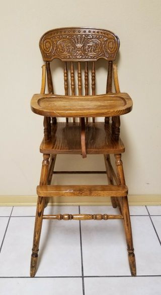 Vintage Wood Baby High Chair - Hand Carved Back - Filigree Style Safety Seat