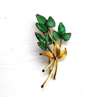 Vintage 14k Yellow Gold Apple Green Jadeite Jade Flower Leaf Pin Brooch 6 Grams