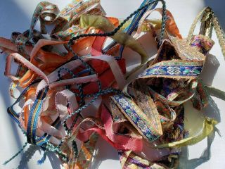 Assorted Antique 1920s French Silk Rayon Ribbon Trim Remnants For Doll Dressing