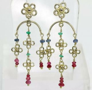Vintage 14k Yellow Gold Emerald Ruby Sapphire Flower Dangle Chandelier Earrings