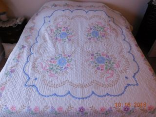 1948 Signed Handmade Hand Sewn Cross Stitch Quilt Colorful Flowers 88” X 84 "