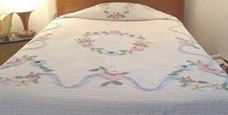 Vtg Cotton Chenille Bedspread Pink Blue Yellow Brown Floral 89 " X 101 "