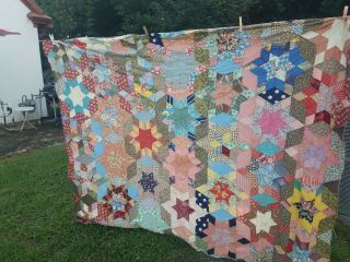 Vintage Antique Feed Sack Quilt Top Hand Sewn Unfinished Carpenters Wheel Star