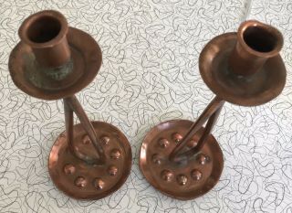 Vintage Arts & Crafts Copper Candlesticks Quirky 9 1/2 Inches Tall