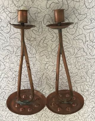 Vintage Arts & Crafts Copper Candlesticks Quirky 9 1/2 inches tall 2