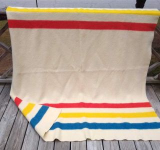 Vtg 64x76 " Golden Dawn Wool Blanket Hudson Bay Style Stripe Trapper Funky Mod