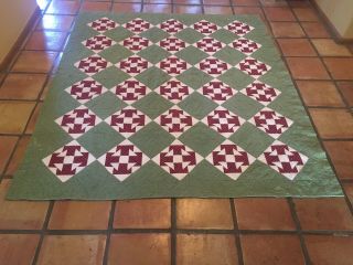 Vintage Handmade Quilt - Full Size In Red,  Green,  White - Farmhouse Chic