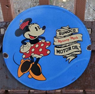 Old 1933 Sunoco Motor Oil Porcelain Sign,  Minnie Mouse,  Gas,  Pump Plate