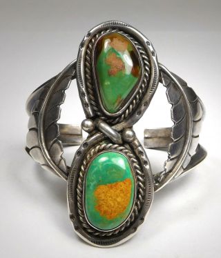 Vintage Native American Sterling/ Green Turquoise Floral Cuff Bracelet