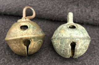 Set Of 2 Small Vintage Brass Sleigh Bells Christmas Decoration Ornaments