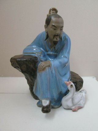 Vintage 6” Tall Chinese Mudman Figurine Man With Goose Signed 162 China Shiwan