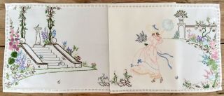 Vintage Hand Embroidered Runner Crinoline Lady In A Country Garden