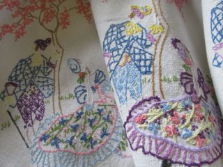 Vintage Hand Embroidered Tablecloth - Crinoline Ladies/gentlemen & Flora
