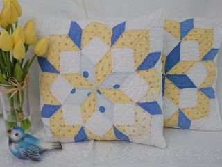 Blue Yellow Star Vintage Cottage Farmhouse Quilt Pillow 10x11 " 2