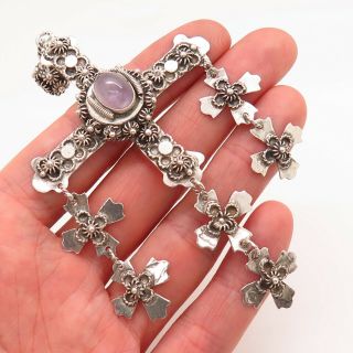 Vintage Taxco Sterling Silver Amethyst Gem Mexican Yalalag Cross Large Pendant