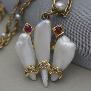 Antique Edwardian 14k Gold Ruby Diamond Freshwater Pearl Pendant Necklace