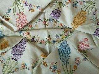 Vintage Hand Embroidered Tablecloth Hyacinths Circlet Of Spring Flowers