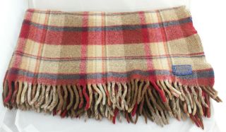 Pendelton Vintage Red Tan Plaid Fringed Throw Blanket 48 X 44 Made Usa Wool Euc