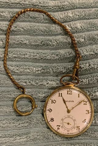 Vintage Bulova Pocket Watch 15 Jewel 10k Rolled Gold Plate 17ae Runs W Fob Chain