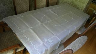 Vintage Madeira Hand Embroidered Banquet Tablecloth 96 " X 65 " And 8 Napkins