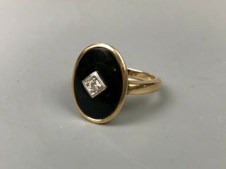 Antique Art Deco Diamond And Black Onyx 14k Gold Ring Size 5.  75
