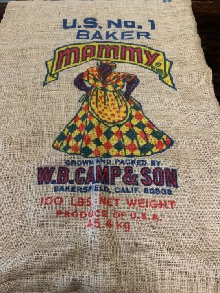 Vintage Mammy 100 Lbs Burlap Sack Aunt Jemima Potato Sack Large Americana