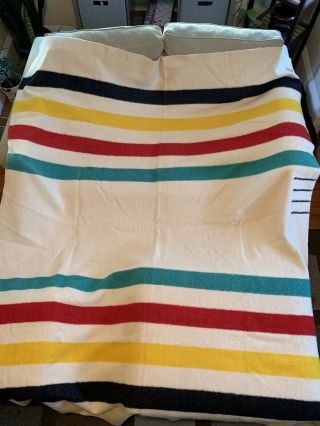 Vintage Hudson Bay 4 Point Blanket Striped 100 Wool Made In England 71” X 89”