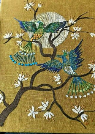 Swedish Vintage 1970s Unique Art Work,  Embroidered And Beaded Peacock Birds