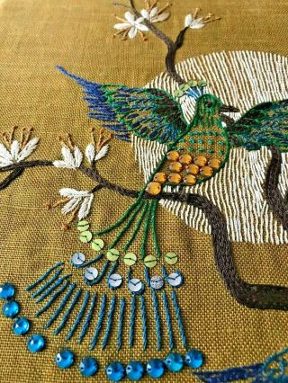 Swedish vintage 1970s unique art work,  embroidered and beaded peacock birds 2