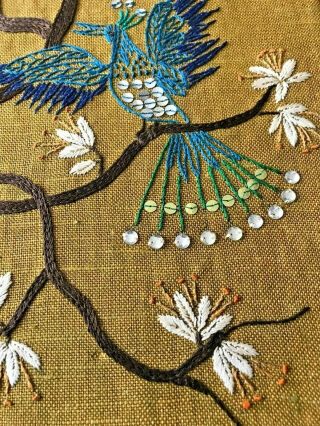 Swedish vintage 1970s unique art work,  embroidered and beaded peacock birds 3