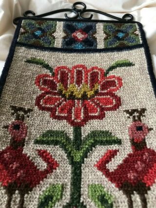 Swedish Vintage Embroidered Wool Tapestry,  Stylised Red And Pink Peacocks
