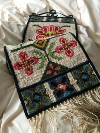 Swedish vintage embroidered wool tapestry,  stylised red and pink peacocks 3