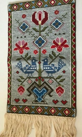 Swedish Vintage Embroidered Wool Tapestry,  Red Tulip And Flowers,  Blue Birds