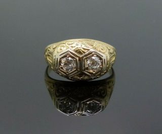 Antique C1900 Ornate 14k Yellow Gold Double Old Mine Cut Diamond Ring