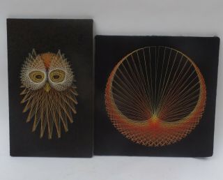Vintage Mid Century Modern String Art Owl & Abstract Owl