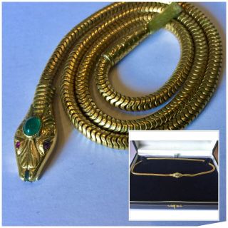 Vintage Jewellery Gold Snake Choker Necklace With Ruby & Green Stones