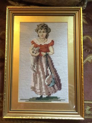 Framed Needlepoint Of Little Victorian Girl And Cat.