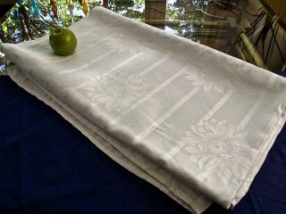 Vintage White Damask Linen 88x104 Banquet Tablecloth Large Sunflowers 3yd Fabric