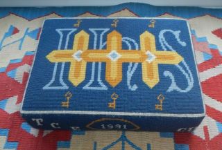Vintage Blue & Gold Hand Stitched Tapestry Church Cushion Kneeler Hassock