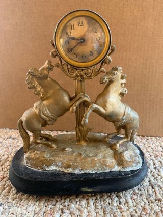 Vintage Antique Metal Mantle Shelf Clock Germany Horses Equestrian Needs Work