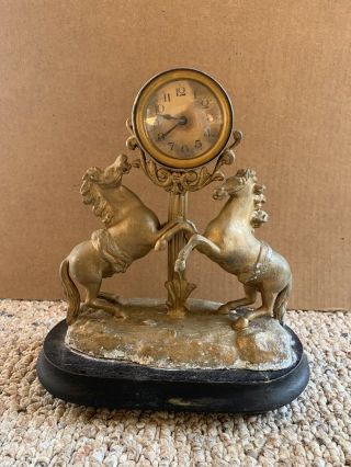 Vintage Antique Metal Mantle Shelf Clock Germany Horses Equestrian Needs Work 2