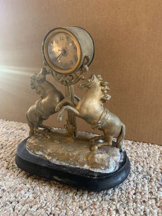 Vintage Antique Metal Mantle Shelf Clock Germany Horses Equestrian Needs Work 3