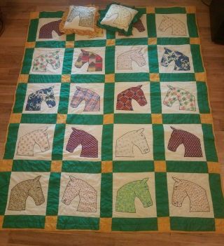 Vintage Horse Applique Hand Stitched Quilt Full Size 73 X 89 Cotton W 2 Pillows