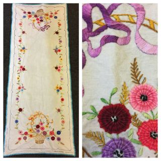 Vintage Long French Hand Embroidered Floral Table Runner (123 X 49cm)