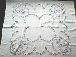 Vintage Hand Embroidered Crinoline Ladies & Flowers - White Tablecloth