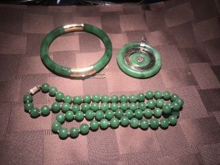 A Set Of Chinese Green Jade Jewelry Bracelet Necklace Pendant Gold - Filled