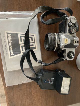 Vintage Nikon Fm2 35mm Slr Film Camera With 50mm Lens And Flash